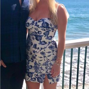 Et Clet Floral Print Bustier Tie Shoulder Mini Dress Blue & White size small